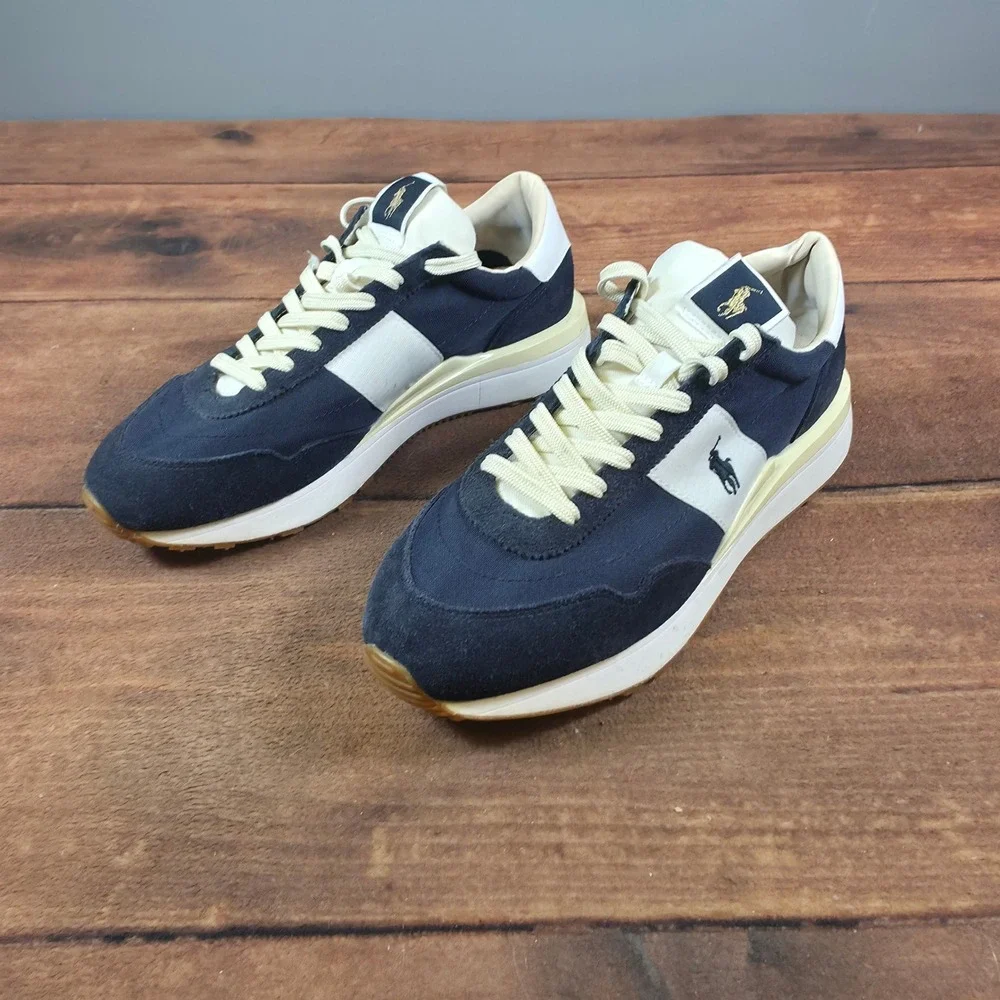 Polo Ralph Lauren Train 85 Sneakers Mens Navy Cream Size 11 Suede Canvas Low Top